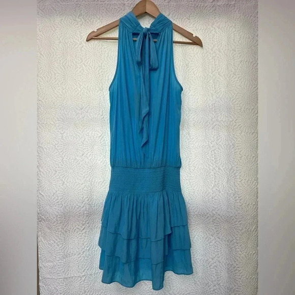 Ramy Brook Hudson Dress Size Small Tropical Blue Halter Tie Top Tiered Ruffle - Picture 12 of 12